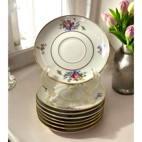 Tirschenreuth Queens Rose Smooth #4416 Saucer Set Of 8 Various Floral Gold Trim - Picture 1 of 9